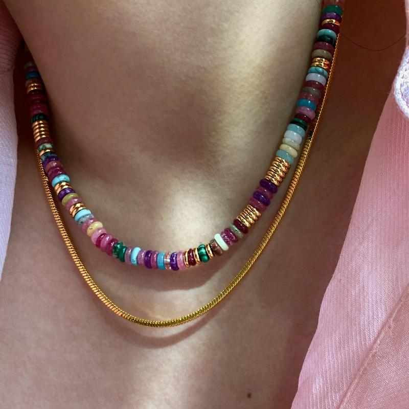 Minar Bohemia Candy Color Natural Stone Beads Beaded Necklace for Women Real Gold Plated Brass Strand Chokers