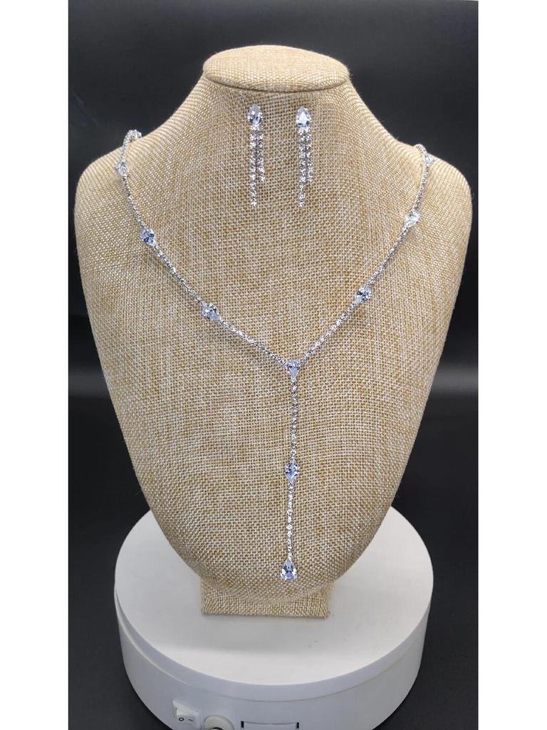 European & American Sparkling Water Drop Zircon Necklace Set – Fashionable Full Diamond Clavicle Chain