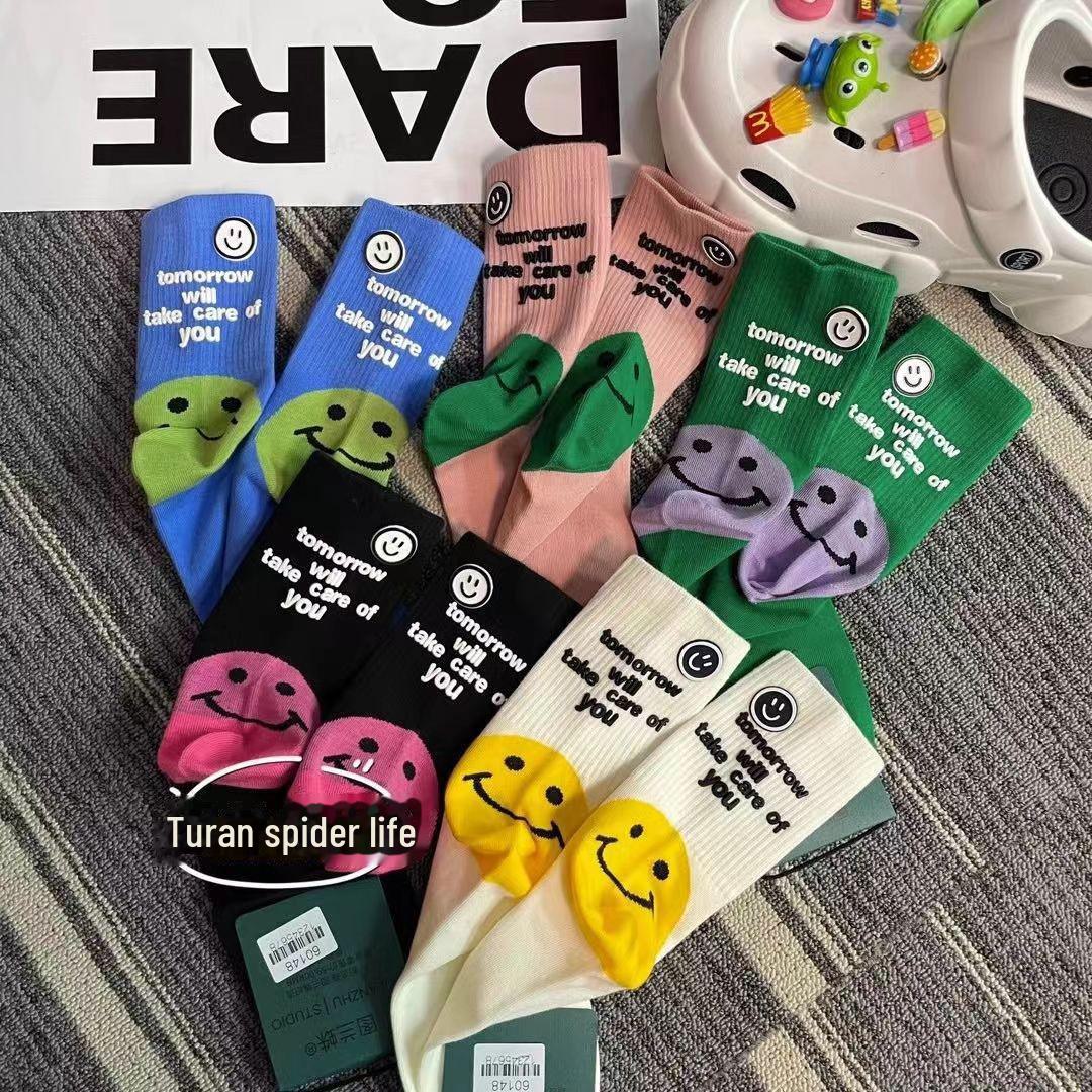 

Женские корейские цветные носки 2024 года с акульими штанами и принтом смайликов на пятке Green Smiley