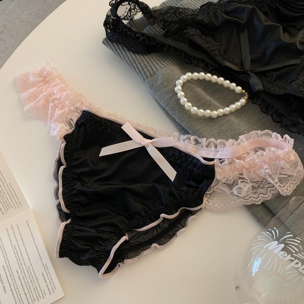 Slip da Donna a Vita Bassa in Raso con Bordi in Pizzo Arricciato a Contrasto Decorazione a Fiocco Schiena in Rete Trasparente Dolce Sexy Lingerie da Donna Slip
