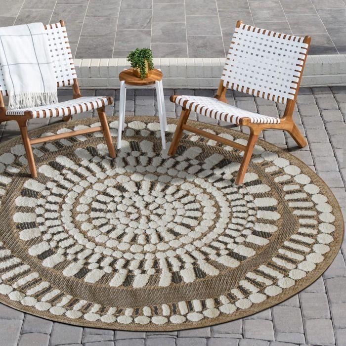 Round Living Room Rug Jute Look White Embossed Patterns Diameter 90