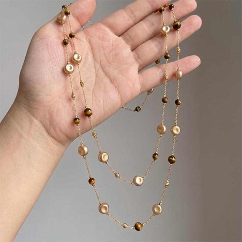 Double Layer Beaded Long Necklace Tiger‑Eye Imitation Pearl Gold‑Tone Chain Vintage Stackable Neck Jewelry for Autumn Outfit