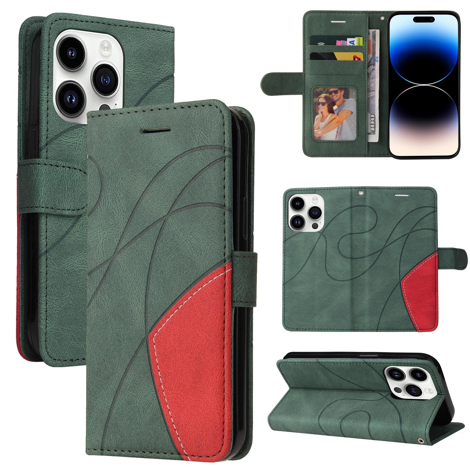 

For iPhone 15 Pro Leather Phone Case Stand Wallet with Bi-colour Splicing Design Green
