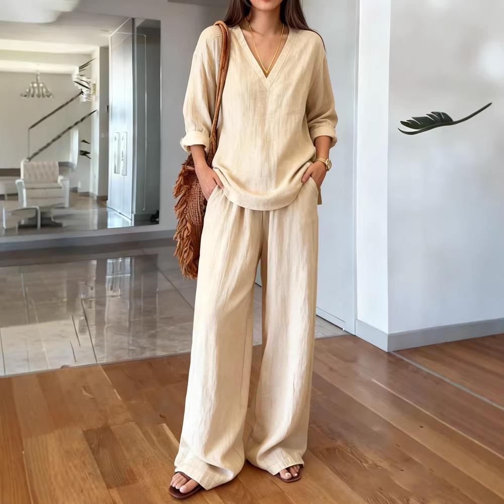 Women's V-neck Linen Texture Two-piece Set with Wide-leg Pants