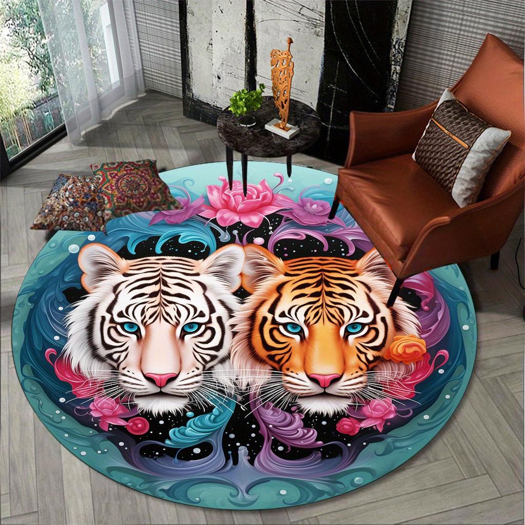 Twin Tiger Head Round Area Rug White Bengal Circular Floor Carpet Art Floral Welcome Mat for Home Living Room Bed Decor
