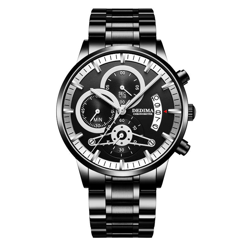 KINGNUOS Herrenuhr mit massivem Stahlarmband, wasserdicht, beschichtetes Glas, leuchtend, drei Augen, 6 Zeiger, Quarzuhr