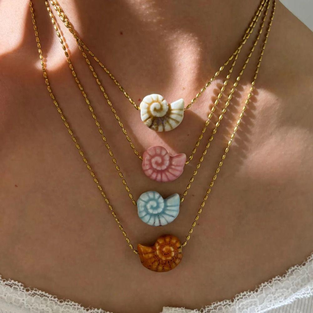Ceramic Conch Pendant Necklace Stainless Steel Chain Collarbone Chain Fashion Conch Necklace  Women