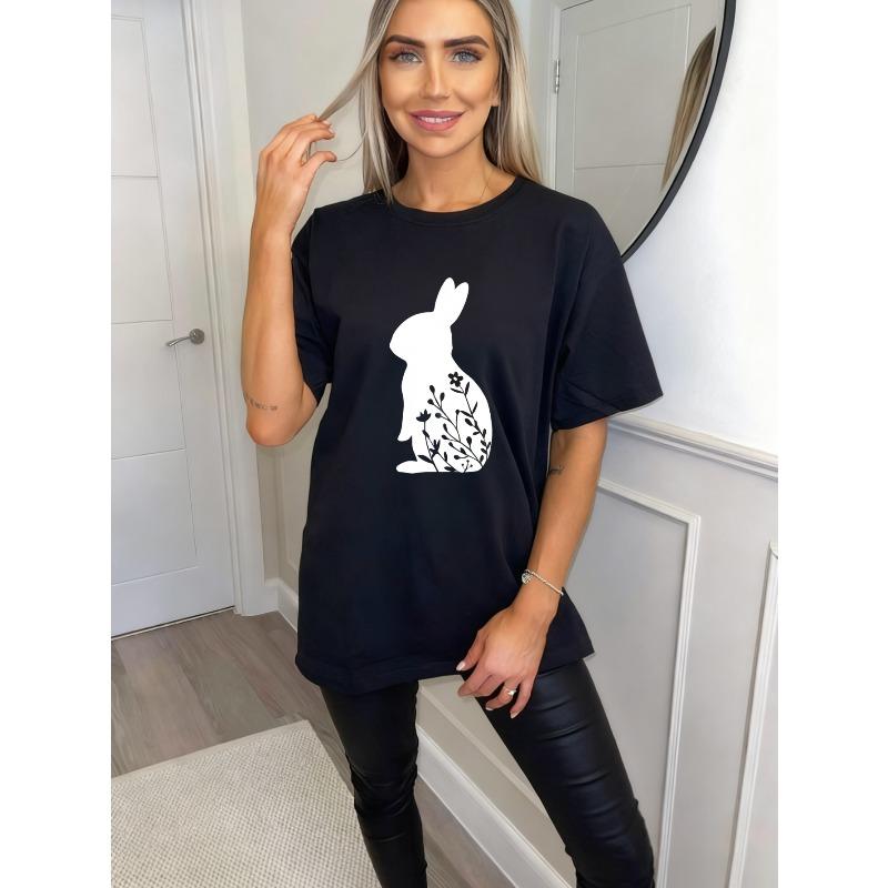 Schwarzes Oversized T-Shirt mit weißem Kaninchen und Blumenmuster für Freizeitkleidung