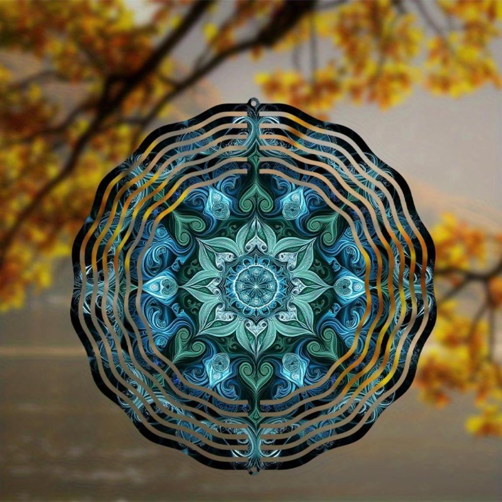 Vibrant Blue Green Geometric Wind Chime 10 Inch Outdoor Metal Garden Sculpture with Intricate Patterns Ideal for Spring Summer Fall Winter Decor