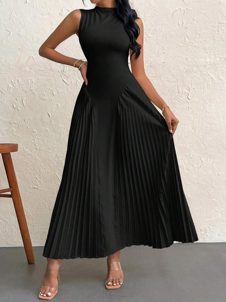 Summer New Style Pleated Patchwork Long Dress Elegant Sleeveless Slim Fit Evening Gown Party Dress