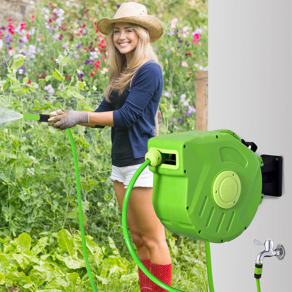Hose Reel, 15 m + 1.5 m, Wall Mount, Automatic Roll-Up, 180° Rotating, Spray Gun
