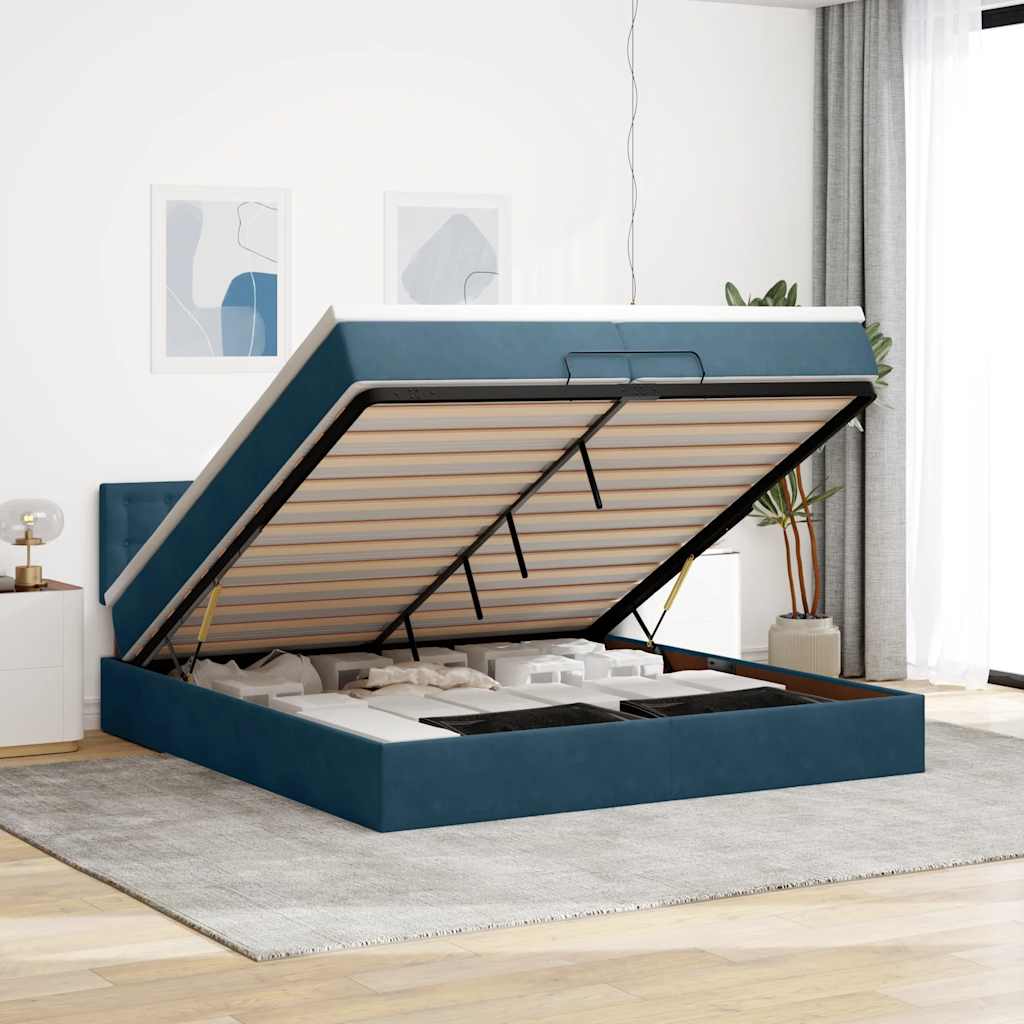 Ottoman Bed with Mattresses & LED Lighting Dark Blue 200x200 cm Velvet