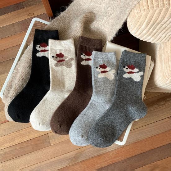 1/5 Pairs Student Socks Cartoon Puppy Design Thickened Fleece Lining Socks Winter Warmth Stretch Fit Socks