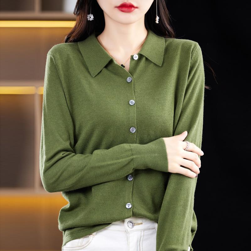 Toamnă și iarnă nou pulover cardigan tricotat cu guler de cămașă lână pieptănată, cămașă cu rever polo cu jachetă deasupra, pentru femei