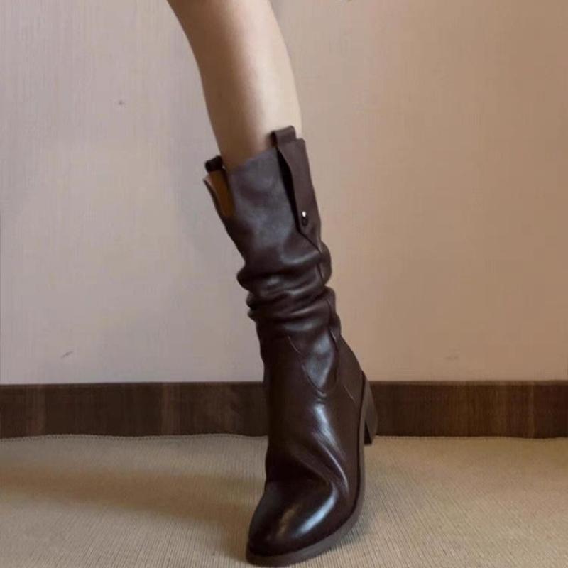 Middle Heel Leather Ladies Mid Calf Shoes Autumn Winter Fleece-Lined Women's Half High Boots Gyaru 2025 Novelty New Gothic Boot