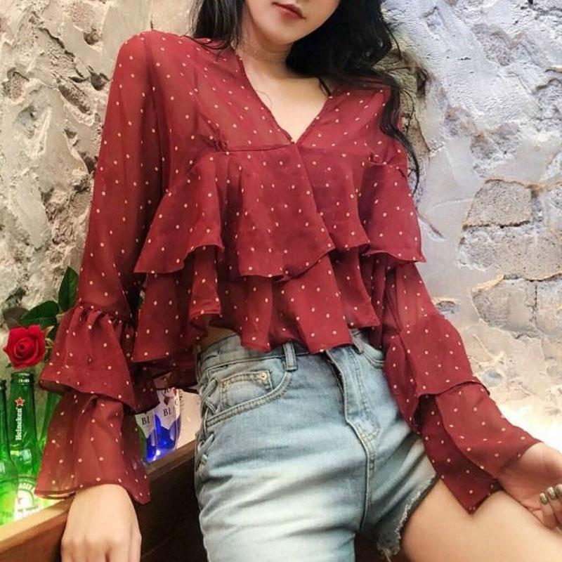 Spring Summer New Sweet Long Sleeve Ruffles Women's Loose Folds Korean All-match Polka Dot Chiffon Shirt