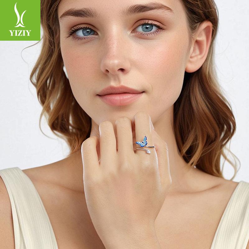 Blue Smart Butterfly Open Ring Girl, Niche High-End Light Luxury Ins Style Versatile Ring