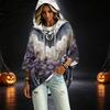Women's Pullover Hoodie with Three-Quarter Sleeves, Halloween Print, Casual Top