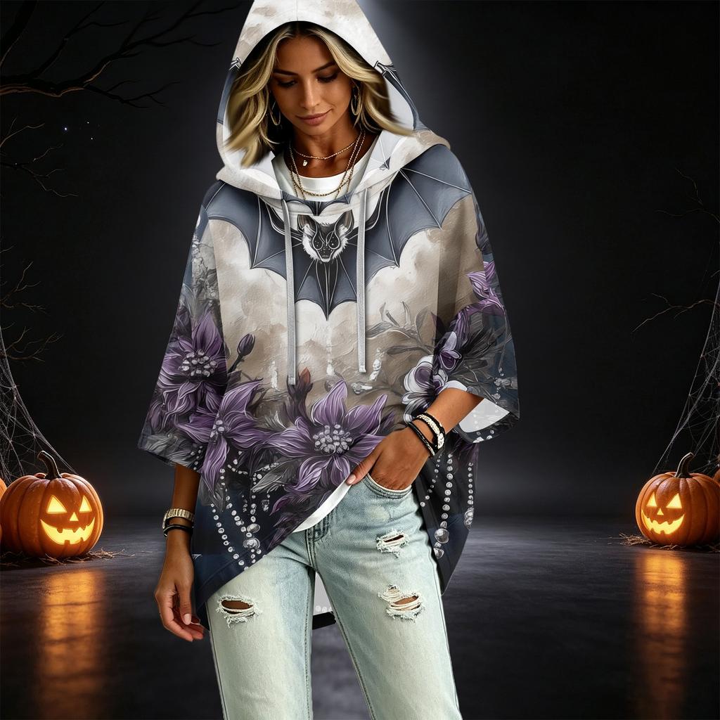 Women's Pullover Hoodie with Three-Quarter Sleeves, Halloween Print, Casual Top
