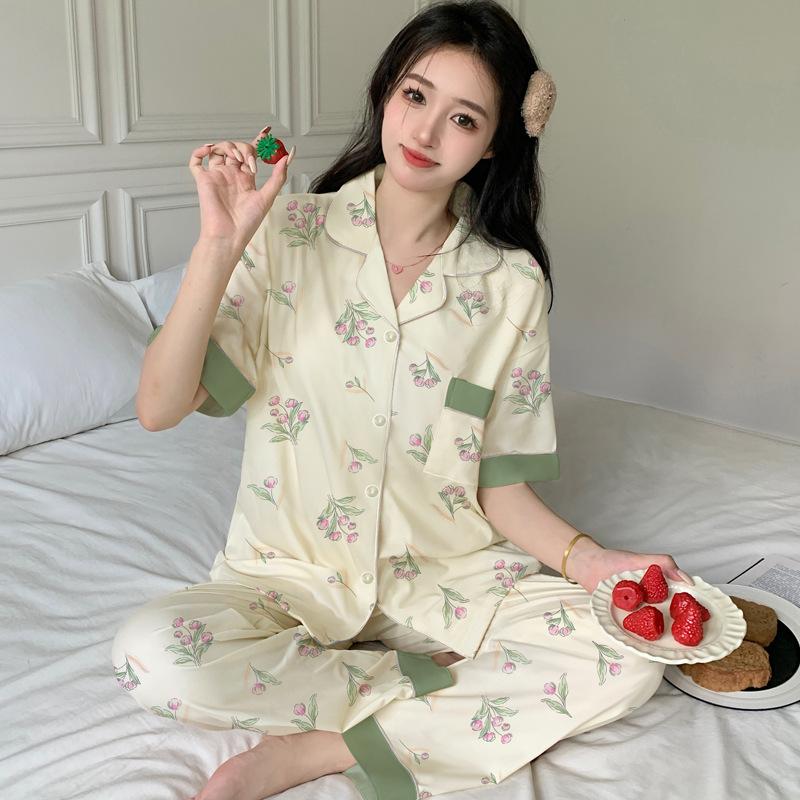 Pastoral Tulip Flower Imitation Cotton Pajamas Women's Summer Short-sleeved Trousers Medium Mother Large Size Loungewear