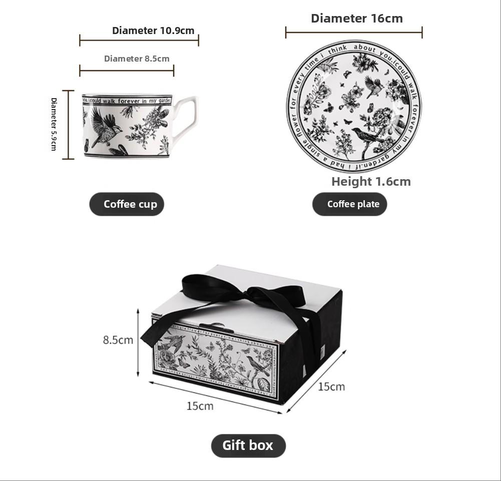 French Retro Black & White Coffee Cup Set - Summer Lily Luxury Gift Box, Premium Ceramic for Home, Cafe & Souvenir