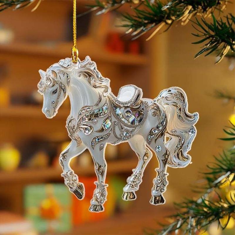 2D Acrylic Horse Car Rearview Mirror Pendant Charm Christmas Tree Ornament Party Latest Year Hanging Keychain Christmas Decorations