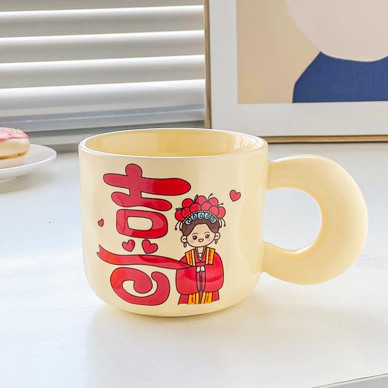Cute High-value Festive Mug with Lid Spoon Couple Pair Cup Wedding Gift Ceramic Drinking Cup Coffee Cup