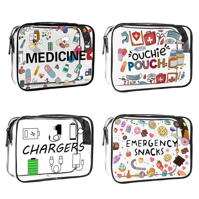 1PC Cartoon Printed PVC Clear Zipper Pouch Portable Travel Organizer Storage Bag for medicine Snacks Cables & Chargers