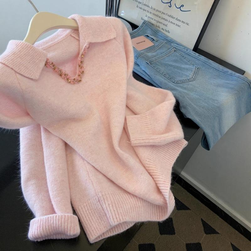 Pink Thickened Knitted Sweater for Women in Autumn and Winter High-end Feel Can Be Worn Outside and Worn Inside Loose and Lazy Top for Small People