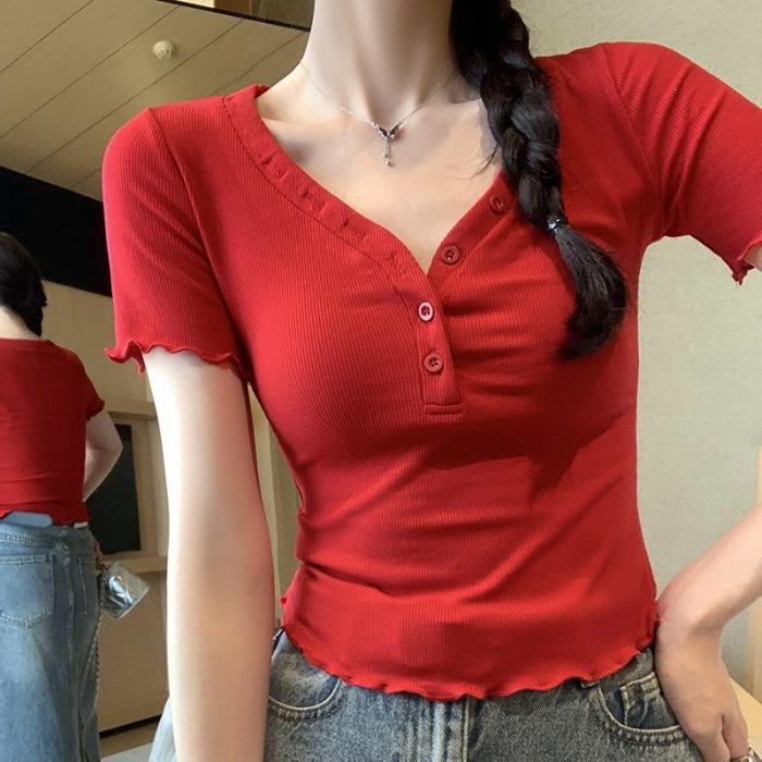 

No price reduction #front shoulder button V-neck short-sleeved T-shirt women s fungus edge design slim-fit top XL червоний