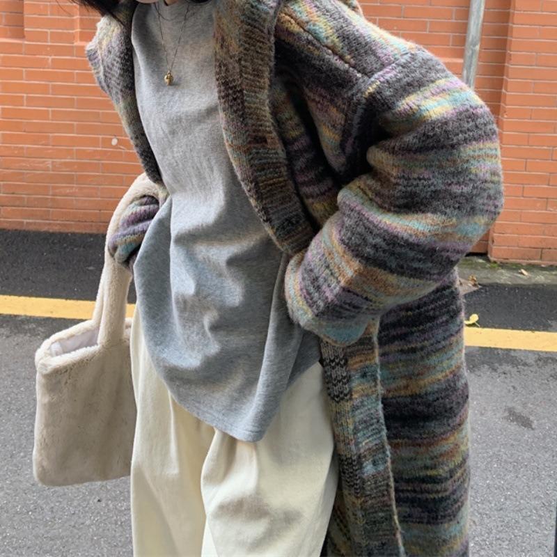 Loose large-scale knitted cardigan women's autumn and winter design sense contrasting colors lazy outer sweater jacket