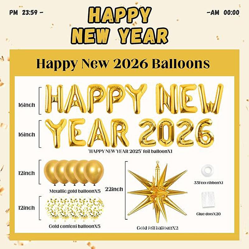 

1 Set Happy New Year 2026 Gold Foil Balloons Conjoined Letters & Numbers For New Year Party Decor Aluminum Holiday Celebration Other