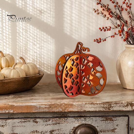 Decorative Wooden Pumpkin Figures Thanksgiving Decor, Vintage Striped Hollow Carved Ornament Rustic Fall Home Decor for Party, Table Centerpiece,