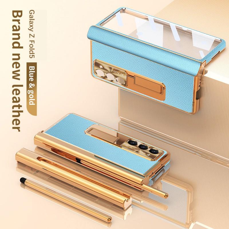 Magnetic Snap-on Case Galaxy Z Fold5 With Leather Texture Full Coverage Shockproof Kickstand Stylus Slot
