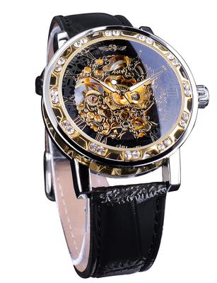 Winner Retro Manuelle Mechanische Skelettuhr mit Diamant und geschnitzter Blumenhandwerkskunst, Herren Skelett-Armbanduhr mit klassischen römischen Ziffern, Schwarz