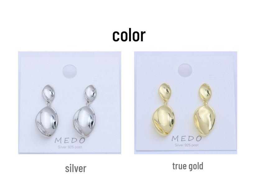 Gold-Tone S925 Silver Oval Ripple Earrings - European & American Style