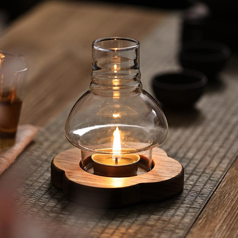 

Japanese Solid Wood Windproof Glass Candle Lantern Vintage Aromatic Table Decor for Zen Ambiance Coffee Dining Room