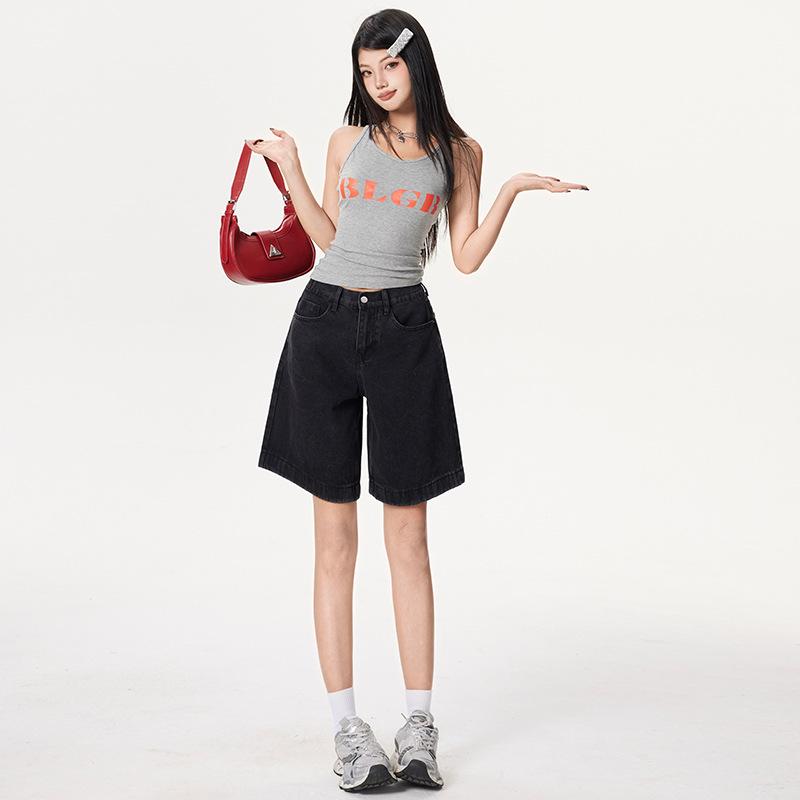 Retro Spicy Girl Elastic Waist Five-Point Denim Shorts – Women's Summer Mid-Length Wide-Leg Pants