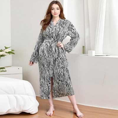 Retro Zebra-patterned Plus-size Bathrobe with LACES, Long and Sexy Long-sleeved Home Wear