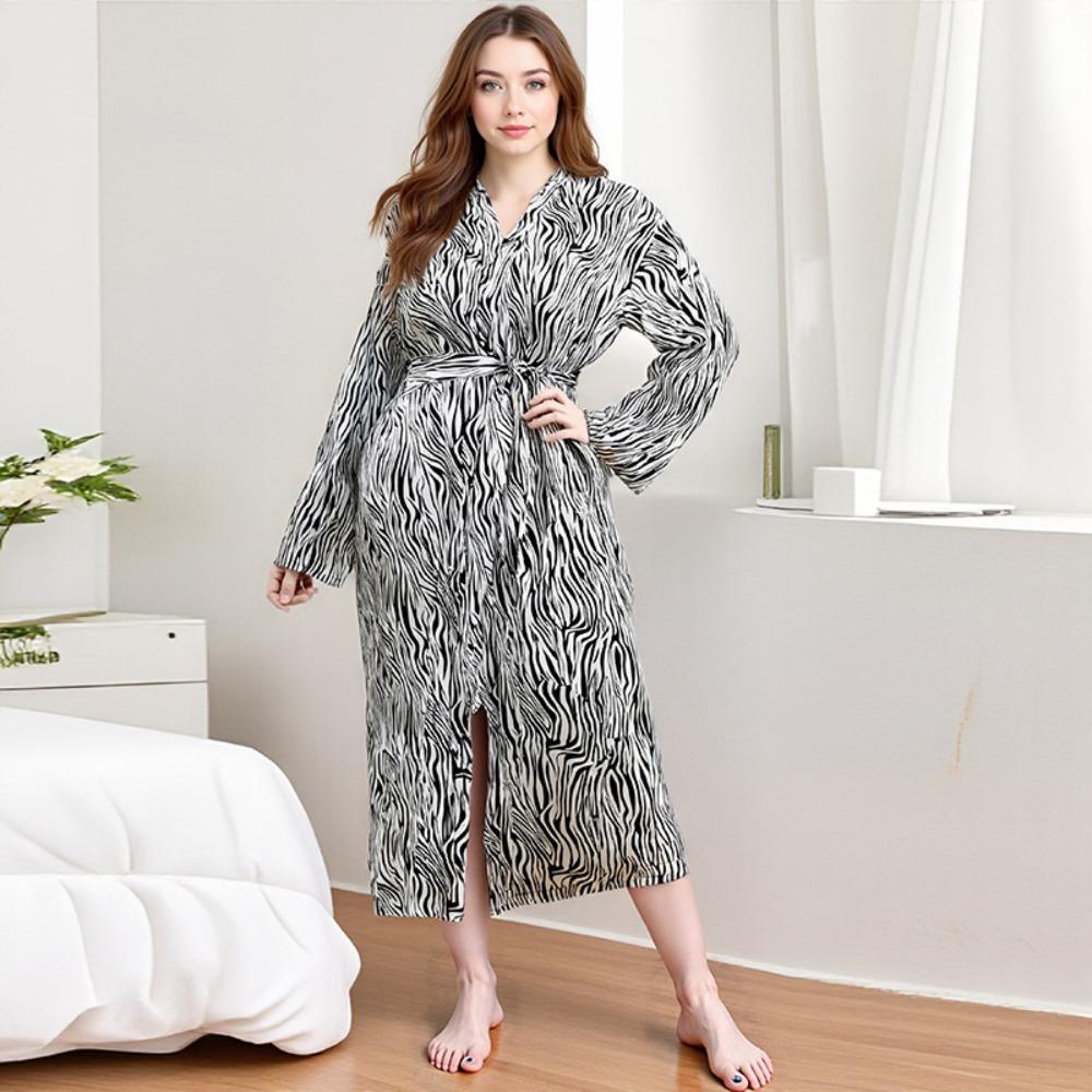 

Ретро халат великого розміру з зебровим візерунком і ШНУРІВКОЮ, довгий і сексуальний домашній одяг з довгим рукавом 5XL чорний/білий