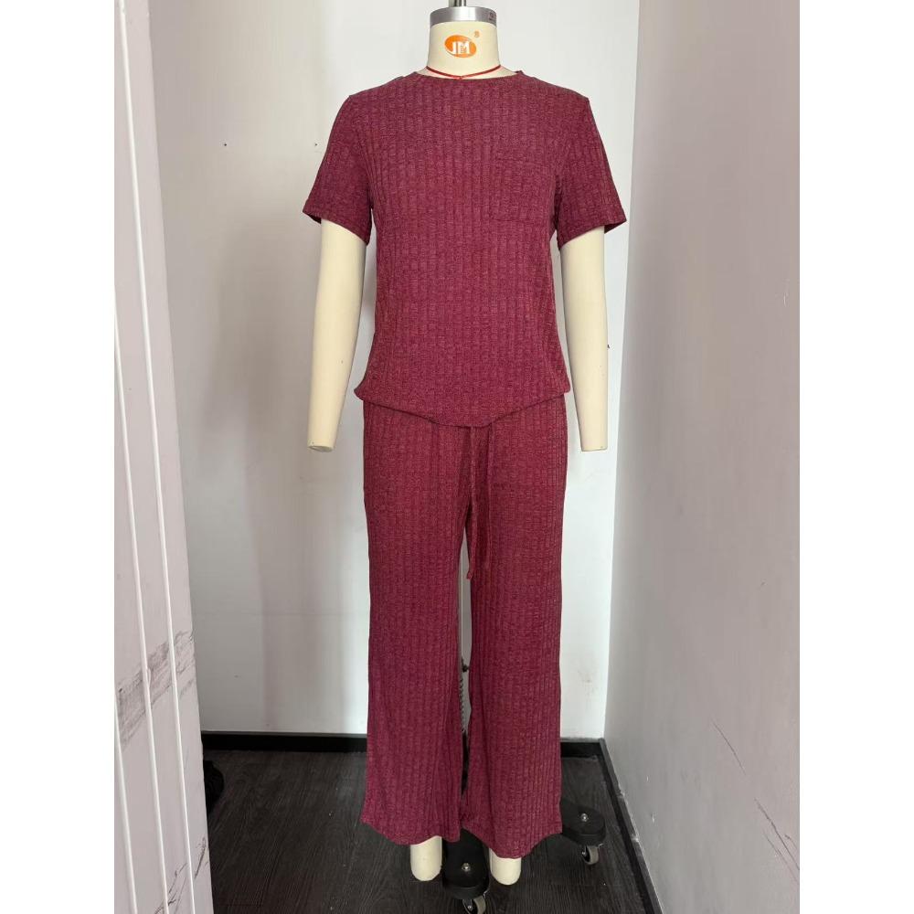 Solid Color Pit Stripe Nightgowns Round Neck Short Sleeve Pants Home Clothes Sets Women's Nightgowns & Sleepshirts