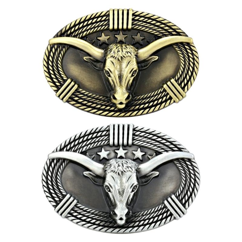 Bull Head and Star Belt Buckle, Western Oval Metal Waist Accessory for Adult Jeans, Casual Looks, and Stage Outfits