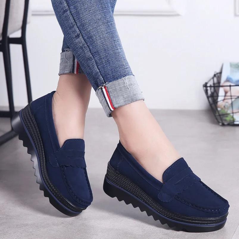 2026 Large size women's shoes suede leather loafers muffin sole thick sole increase casual women's single shoe cover foot