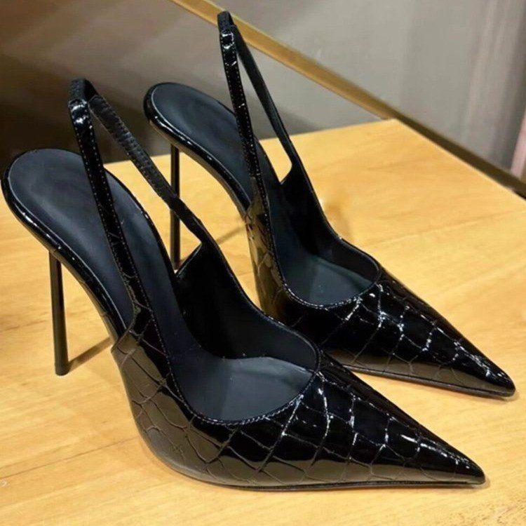 Crocodile pattern word with bag head sandals women's thin heels pointed hot girls sexy nightclub high heels black silk matching single shoes