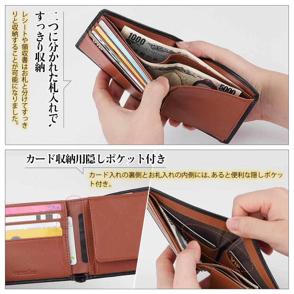 ecoofee Bifold Genuine Thin Coin Premium Crafted by Compact Bifold Wallet Men's Wallet, Leather, Box-Shaped Purse, Quality, Artisans, (Black)