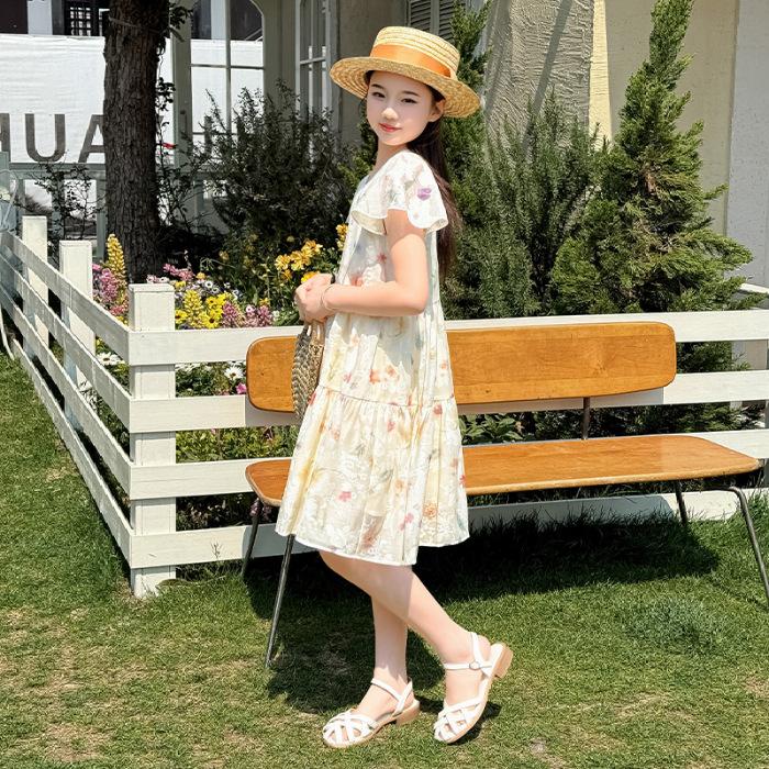 Girls Summer Floral Princess Dress with Flutter Sleeves Sweet Casual Sundress 120
