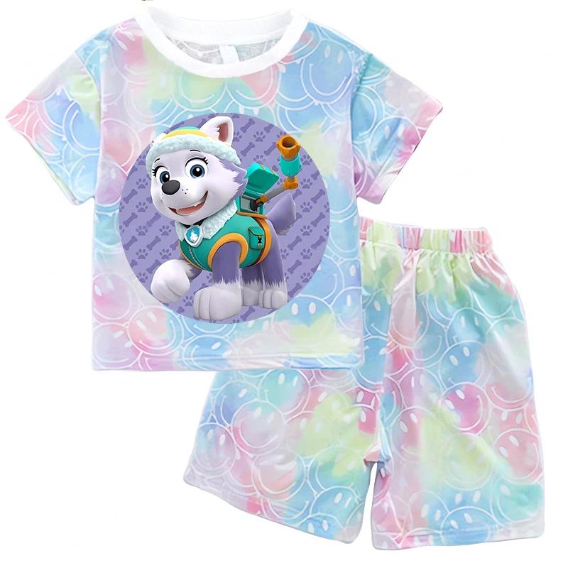 Paw Patrol Summer Clothing Sets for Baby Girl Outfits Cute Print Tie-dye Smile Tees Children Short Sleeve T Shirt Shorts 2pcs
