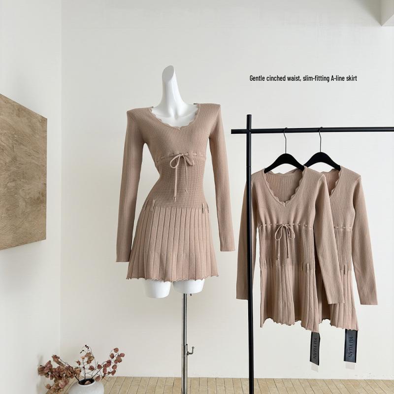 Mejiu Honey Nine Wave Pattern Soft Knit Dress - Women s Waist-Cinched A-Line Skirt for Autumn Winter XS