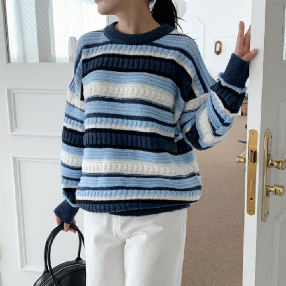 New Arrivals Open Run Women Loose Fit Color Block Stripe Long Sleeve Knit
