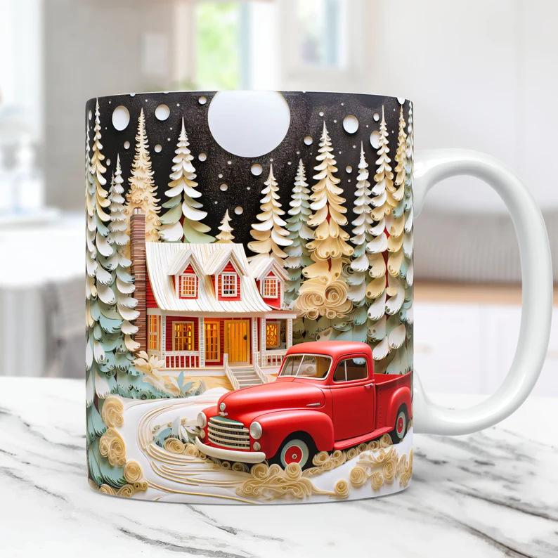 3D Christmas Christmas Ceramic Coffee Mark Cup Tea Cup Truck Truck Snow White Snow Winter